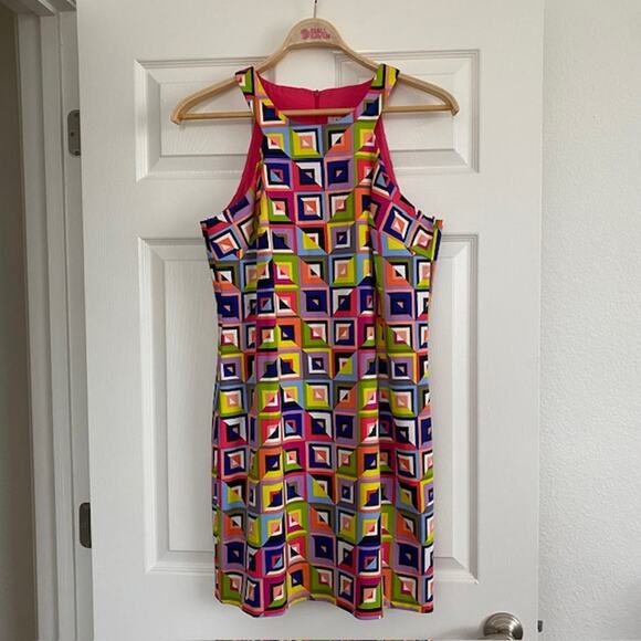 Trina Turk Mod Halter Dress Multi-Color Geometric Print Back Zip Women's 10 - Picture 1 of 11